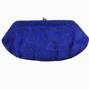 VTG MAGID Japan Blue Beaded Evening Clutch Kiss Lock Mirror Satin Lined Purse